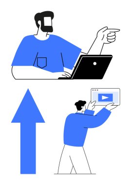 İnsan dizüstü bilgisayarla çalışırken el kol hareketleri yapar, bir diğeri ise video ikonlu bir tablet sunar, yakınlarda da büyük bir ok bulunur. Takım çalışması, büyüme, video içeriği, rehberlik, sunum, motivasyon düzlüğü için ideal