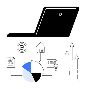 Finansal unsurları olan dizüstü bilgisayar, büyümeyi temsil eden pasta grafiği, kripto para birimi, belgeler, ev ve yukarı doğru oklar. Finans, teknoloji, yatırım, analiz ekonomi stratejisi için ideal