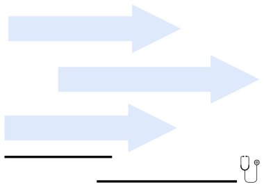 Üç büyük mavi ok sağ tarafı gösteriyor, yanında da küçük bir steteskop grafiği var. Sağlık, ilerleme, tıbbi veriler, teknoloji, iletişim, yön büyümesi için idealdir. Düz basit metafor