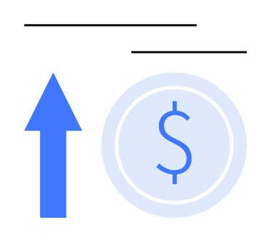 Yukarı doğru mavi ok bir daire içindeki dolar işaretinin yanında ilerlemeyi gösteriyor. Finans, yatırım, ekonomik büyüme, iş başarısı, gelir, pazar eğilimleri, motivasyonel daire için ideal