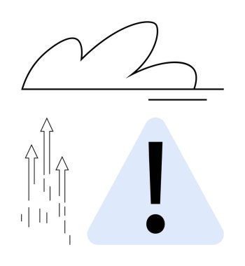 Yukarı doğru okları ve üçgen şeklinde bir uyarı sembolü olan minimalist bulut şekli. Veri büyümesi, bulut depolama, uyarı sistemleri, teknoloji, yenilik, risk analizi, dijital güvenlik için idealdir. Düz