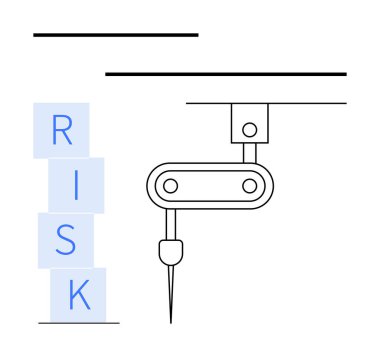 RISK diye hecelenen bloklardan oluşan bir kulede robot kolu sondajı hassas görevleri, hesaplanmış riskleri ve karar vermeyi sembolize eder. Otomasyon için ideal, risk yönetimi, strateji, hassasiyet, yenilik