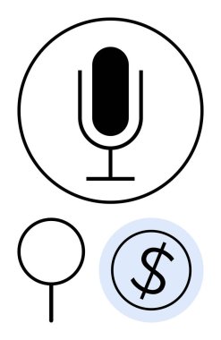 Çember içinde bir mikrofon, büyüteç çizgisi ve maviyle işaretlenmiş dolar işareti. İletişim, araştırma, finans, teknoloji, yaratıcılık, yenilik için ideal düz metafor