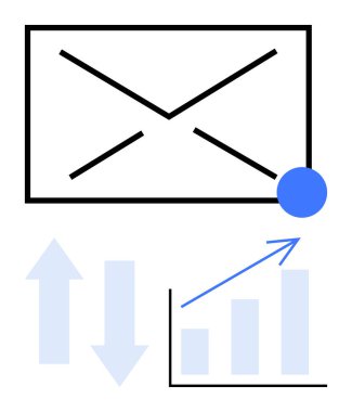 E- posta çerçevesinde yukarı ve aşağı ok işaretleri var. Grafikte büyüme var. İletişim, ticaret, finans, pazarlama, analitik tebligatlar için ideal dijital trendler. Düz basit