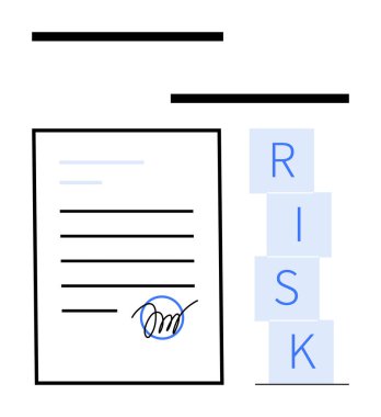 Yığılmış blokların yanında imzalı bir imzalı kontrat kağıdı RISK. Yasal süreçler, anlaşmalar, iş stratejileri, risk yönetimi, uyum, karar verme, soyut çizgi için ideal