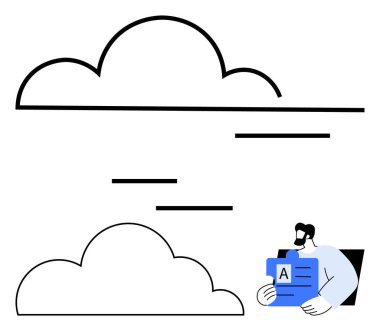 Yatay çizgileri olan iki asgari bulut grafiği, elinde belge tutan bir adam. Veri depolama, dosya paylaşımı, bulut hesaplama, teknoloji, ağ oluşturma, işbirliği dijital platformlar için idealdir. Düz basit