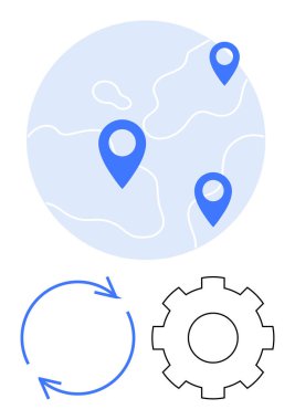 Konum iğneli harita, döngüleri gösteren dairesel ok ve süreçleri temsil eden teçhizat. Küresel ulaşım, lojistik, takım çalışması, yenilik, iş akışı, optimizasyon düz metafor için ideal