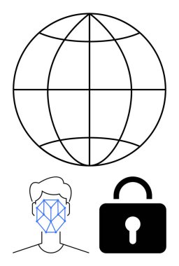 Küre küresel ağı sembolize ediyor, biyometrik tanımlama ızgarasıyla yüz yüze ve kilit güvenliği simgeliyor. Veri gizliliği, siber güvenlik, kimlik doğrulama, teknoloji, çevrimiçi güvenlik, dijital