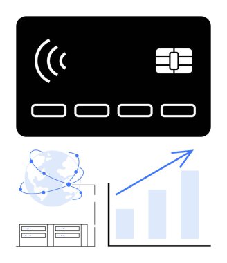 Küresel ağın, sunucu veritabanının ve yükselen grafik trendlerinin üzerinde irtibatsız ödeme kartı. Fintech, küresel işlemler, dijital güvenlik, teknoloji, veri analizi, iş büyümesi için ideal