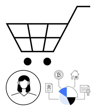 Kadın profilinin üstünde alışveriş arabası ve kripto para, emlak ve turta grafikleri de dahil olmak üzere finansal ikonlar. Finans, e-ticaret, yatırımlar, kişisel bütçe, dijital trendler için ideal