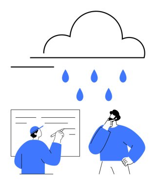 İki kişi bir tahtanın yanında beyin fırtınası yapıyor, biri açıklarken diğeri de yağmur damlalarıyla bulutun altında düşünüyor. Takım çalışması, problem çözme, yenilik, yaratıcılık, işbirliği, fikirler için ideal