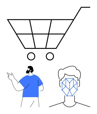 Soyut yüz tanıma ve çevrimiçi alışveriş, kimlik koruma ve teknolojiye önem veren alışveriş arabası. Perakende, güvenlik, e-ticaret, UX, yapay zeka yenileme dairesi için ideal