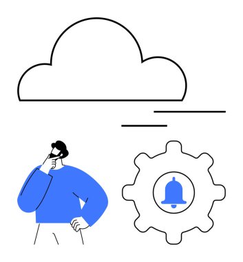 Zili olan bir bulut ve teçhizatın yanında düşünen kişi bulut depolama, sistem ayarları ve bilgilendirme yönetimini sembolize ediyor. Teknoloji, karar verme, bulut hesaplama ve strateji için ideal