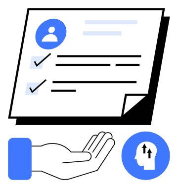 Kontrol listesi ve profil simgesine sahip belge, açık el renklendirme yardımı ve kişisel gelişimi sembolize eden baş simgesi. Üretkenlik, takım çalışması, destek, beceri geliştirme, eğitim için ideal