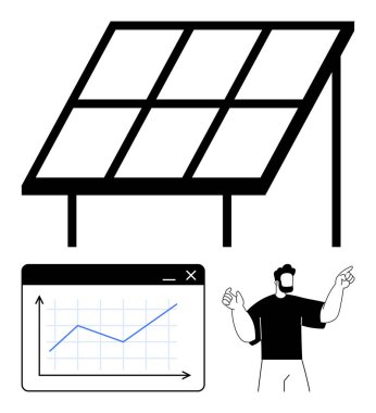 Performans eğilimlerini gösteren bir grafikle güneş paneli ve vurgu yapan bir kişi. Yenilenebilir enerji, sürdürülebilirlik, teknoloji, çevre bilinci, veri analizi, eğitim, temiz