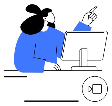 Kadın video konferansına katılırken ekrana doğru hareketler yapıyor, iletişimi vurguluyor. Çevrimiçi öğrenme, takım çalışması, sanal işbirliği, teknoloji, eğitim, uzaktan çalışma, daire