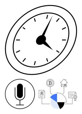 Mikrofon ikonlu analog saat, engelleme çizelgesi, bitcoin sembolü, ev, sertifika, pasta grafiği. Üretkenlik, zaman yönetimi, teknoloji fintech kripto para birimi görselleştirmesi için ideal