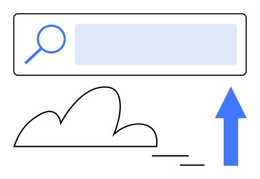 Büyüteçle arama çubuğu, bulut çizgisi ve yukarı doğru ok eğilimleri, büyüme, bulut depolama ve çevrimiçi navigasyonu gösteriyor. Teknoloji, internet ve iş verileri için ideal