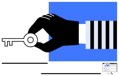 Odaklı siyah el anahtarı, mavi dikdörtgen arka plan, büyüme grafikli küçük bilgisayar ekranı. Güvenlik, erişim, fırsat, çözüm, iş büyümesi için ideal bir yenilik. Düz