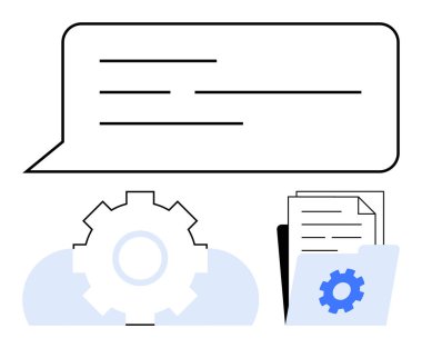 Bir dişlinin üstündeki konuşma balonu ve klasörü iletişim, iş akışı, işbirliği ve verimliliği akla getiriyor. Takım çalışması, planlama, otomasyon, mesajlaşma, yönetim dairesi için ideal