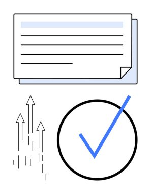 Belge yığını, dairedeki mavi kontrol işareti, yukarı doğru oklar başarıyı, onayı, ilerlemeyi, başarıları, doğruluğu, planlamayı, organizasyon hedefini, düz bir metaforu simgeliyor.
