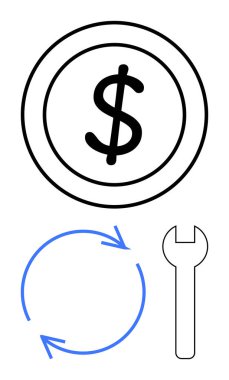Dairesel oklar ve ingiliz anahtarı olan bir dairede dolar işareti. Finans, bakım, onarım, ekonomi, hizmet, yenilenme ve sürdürülebilirlik kavramları için idealdir. Düz basit metafor