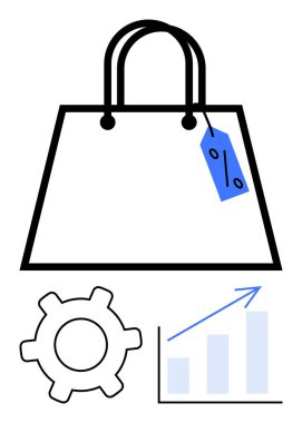 Yüzdelik etiketli alışveriş torbası, dişli sembolü ve yukarı ok grafiği büyümeyi gösteriyor. Perakende, e-ticaret, analiz, pazarlama, satış büyümesi müşteri davranışlarını azaltır. Düz basit