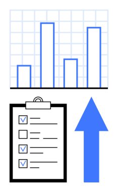 Veri vurgulama performansına sahip çubuk çizelgesi, kontrol listesi izleme süreci, büyümeyi sembolize eden yukarı ok. Analiz, planlama, büyüme, hedefler, üretkenlik stratejisi için ideal başarı. Düz basit