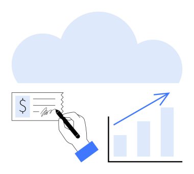 Yukarı doğru ok ile el yazısı ve bar tablosu üzerinde mavi bulut bulut hesaplama, finans, analitik ve büyümeyi vurguluyor. Finans, bulut hizmetleri, veri, yenilik ve strateji için ideal