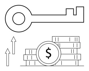 Bir dolar işareti olan bozuk para yığınlarının üstündeki anahtar, yukarı bakan büyüyen oklar. Finans, yatırım, büyüme, zenginlik, iş başarısı, girişimcilik, ekonomi sade metaforu için ideal