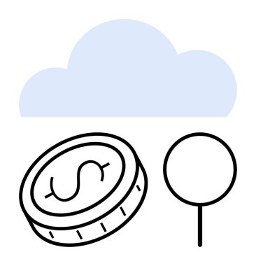 Dolar işaretli sikke, yer işareti ve bulut, finansal işlemleri, tasarrufları ve bulut tabanlı sistemleri simgeliyor. Bankacılık, fintech, dijital depolama, veri finans uygulamaları için ideal basit