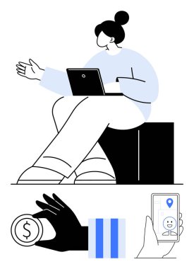 Bir kutuda dizüstü bilgisayarda çalışan bir kadın, bozuk para, çizgili barkod, ve altında GPS rozeti ve insan simgesi olan bir telefon. Teknoloji, finans, çevrimiçi hizmetler, e-ticaret, cep telefonu için ideal