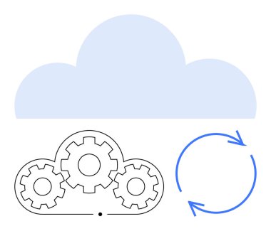 Veri entegrasyonunu, sistem otomasyonunu ve sürekli süreci gösteren dişli ve döner okları olan bulut. Teknoloji, bilgisayar, veri yönetimi, IOT, bulut depolama, iş akışı için ideal