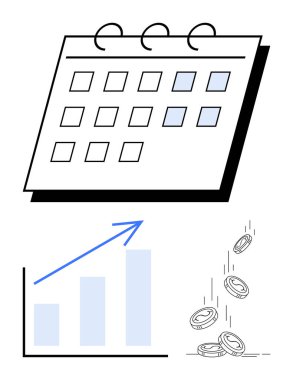 Zaman yönetimi takvimi, yükselen büyüme eğilimini gösteren bar çizelgesi ve düşen madeni paralar finansal planlamayı gösteriyor. Üretim, finans, yatırım, bütçe ve başarı organizasyonu için ideal