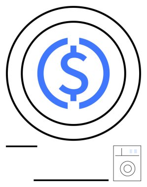 Yuvarlak çizgilerdeki mavi dolar işareti ekonomi, ticaret ya da para akışının minimum çamaşır makinesinin yanında olduğunu gösteriyor. Finans, para yönetimi, tasarruflar, işlemler, ekonomi ve hane için ideal
