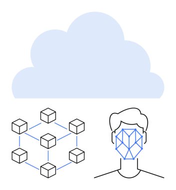 Yüz tanıma sisteminin üzerinde bulut ve bir engelleme ağının birbirine bağlı blokları. Güvenlik, dijital kimlik, yapay zeka, teknoloji, bulut hesaplama, veri gizliliği, güvenli işlemler, daire