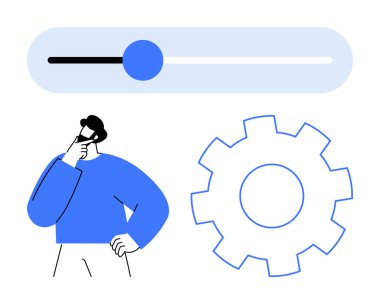 Düşünceli bir duruş içinde olan kişi, ayarlar kaydırma ve vites simgesi, karar verme, kişiselleştirme, yetenek ve yaratıcılığı tasvir ediyor. Teknoloji, üretkenlik, gelişme, optimizasyon analizi için ideal