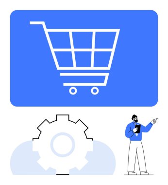 Alışveriş arabası ikonu vites tekerleğinin üstünde fikir sunan bir adam. Ekommerce, dijital pazarlama, otomasyon, üretkenlik, iş akışı, çevrimiçi hizmetler, perakende yeniliği için ideal. Düz basit metafor