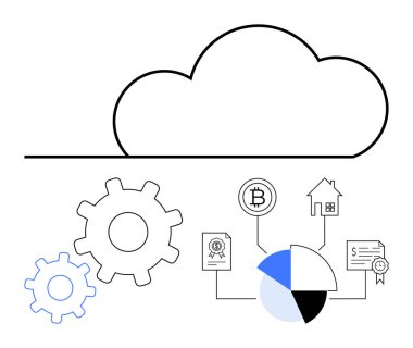 Dişlilerin üstündeki bulut sistemi, bitcoin, finans, mülk ve sertifikaları birbirine bağlayan pasta grafiği. Engelleme zinciri, fintech, veri paylaşımı, emlak bulutu depolama sistemi entegrasyon dairesi için ideal