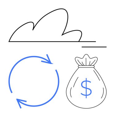 Para çantasının yanında bir döngü oluşturan mavi oklar sürdürülebilirlik, finansal planlama, bulut teknolojisi, kaynak verimliliği, yenilik, eko-bilinç, ekonomik konuların altını çiziyor