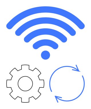 Kablosuz sinyal simgesi çizilmiş dişli ve dairesel okların üzerinde. Ağ kurmak, bağlantı kurmak, güncelleme, otomasyon, iletişim, senkronizasyon ve süreç için ideal. Düz basit metafor