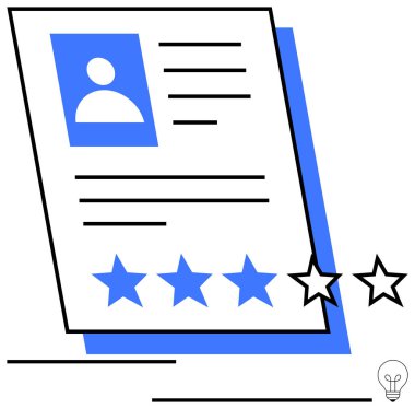 Profil resmi, metin detayları ve değerlendirmeyi temsil eden dört yıldızlı basit özgeçmiş tasarımı. Kariyer geliştirme, işe alım süreci, işe alım, değerlendirme, iş başvuruları, beceri