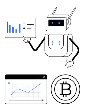 Robot, kripto para birimi grafiğiyle ilgili veri bilgilerini Bitcoin simgesi ve analitik arayüzle sunuyor. Teknoloji, finans, kripto para birimi, yatırım, yapay zeka, otomasyon, veri analizi için ideal. Düz