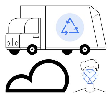 Dairesel okları, bulut hatları ve yüz tarama ızgarası olan geri dönüşüm kamyon simgesi. Çevre için ideal, bulut hesaplama, yapay zeka, geri dönüşüm, sürdürülebilirlik kentsel planlama lojistiği. Düz basit