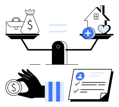 Para, konut eşyaları, sözleşmeler ve madeni para tutan bir el ile dengelenmiş parasal denge. Finans, yatırım, sermaye, karar verme, gayrimenkul, ipotek, iş hayatı için ideal