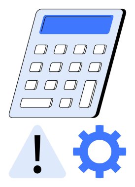 Mavi ekranlı hesap makinesi, ünlem üçgeni ve hesaplamayı, sorunları ve çözümleri sembolize eden teçhizat. Finans, üretkenlik, teknoloji, problem çözme risk yönetimi için ideal