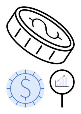 Dolar işaretli sikke, dairesel para birimi simgesi ve büyüme eğilimli büyütülmüş bar tablosu. Finans, yatırım, iş büyümesi, tasarruf, bütçe ekonomisi finansal planlaması için idealdir. Düz