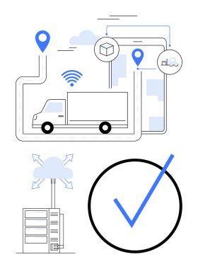 GPS, kablosuz veri entegrasyonu, bulut sunucusu ve onay kontrolü kullanarak takip rotasında nakliye kamyonu. Modern dağıtım, lojistik, teknoloji, bağlantı, otomasyon bulutu hesaplaması için ideal