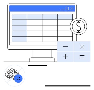Monitörde dijital finansal hesap tablosu, hesap makinesi sembolleri ve bütçe sorunlarını temsil eden hüzünlü ifade. Finans, muhasebe, bütçe, problem çözme, kriz, analiz dairesi için ideal