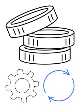 Birikmiş paralar zenginliği, teçhizat işlevselliği ve süregelen süreçler için dairesel okları sembolize eder. Finans, yatırım, ekonomi, üretkenlik, otomasyon, sistem iyileştirmesi için ideal